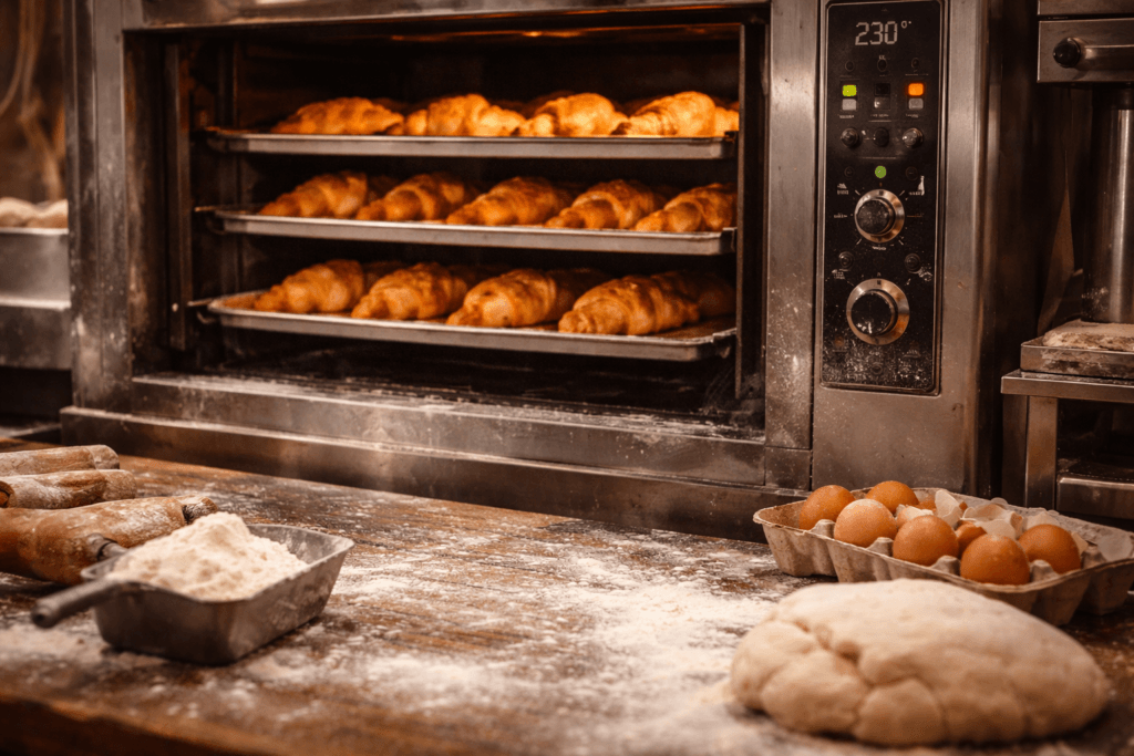 Horneando croissants en la panadería